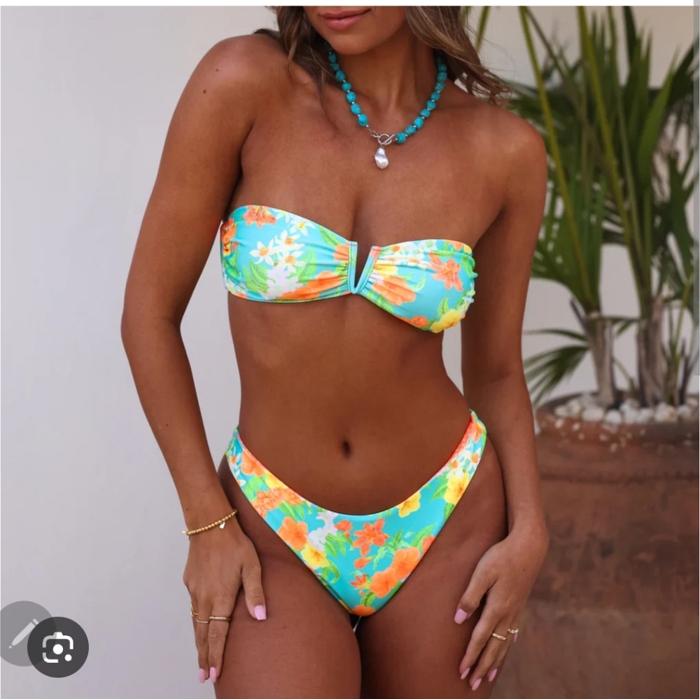 Kulani Kinis Turquoise Floral V-Notch Bandeau Bikini - Orange, Yellow